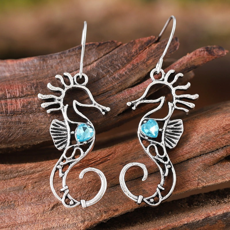 Wholesale Blue Gem Hollow Design Seahorse Fashion Creative Marine Life Earrings